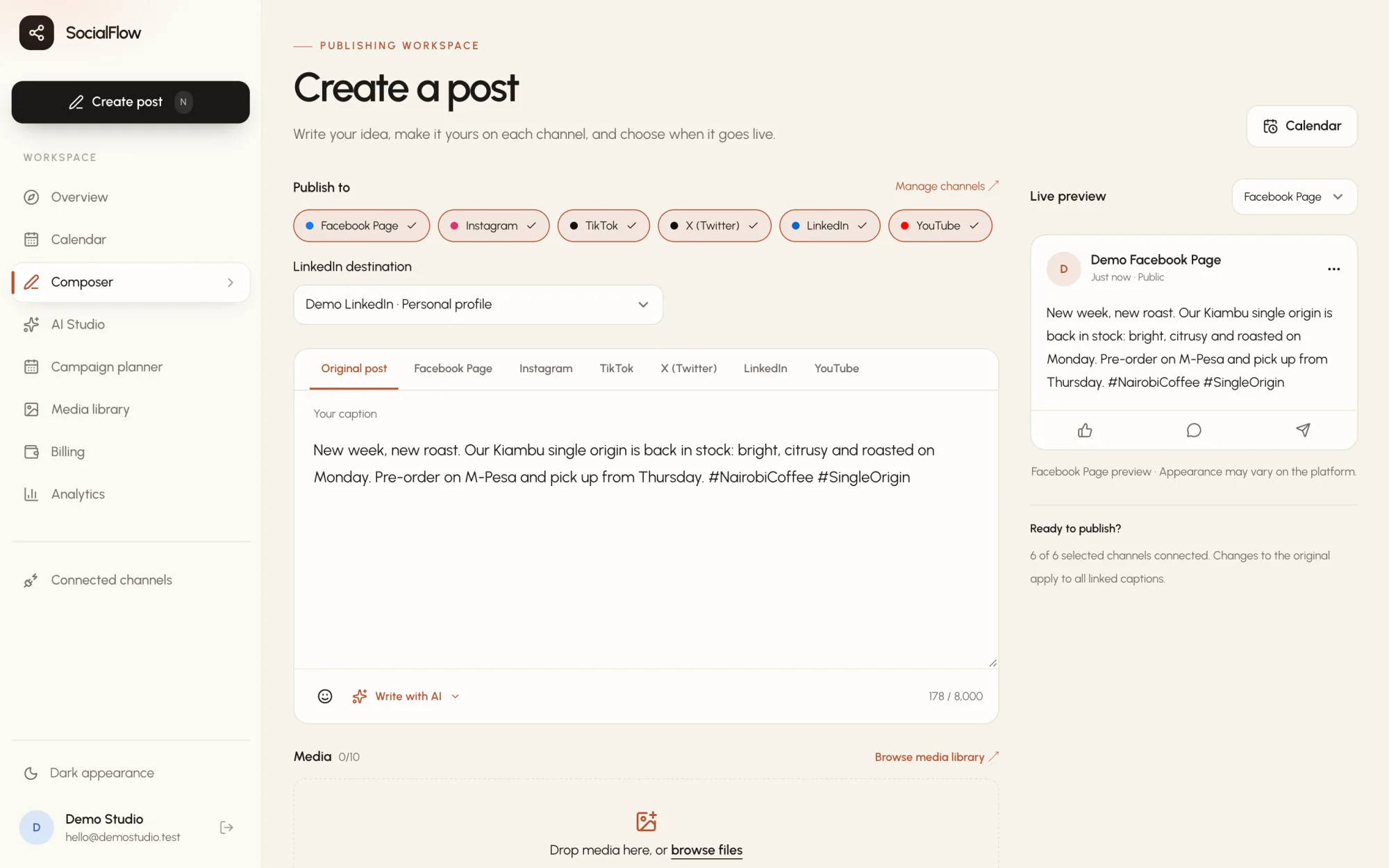 The SocialFlow composer with a caption selected for six networks and a live Facebook preview.